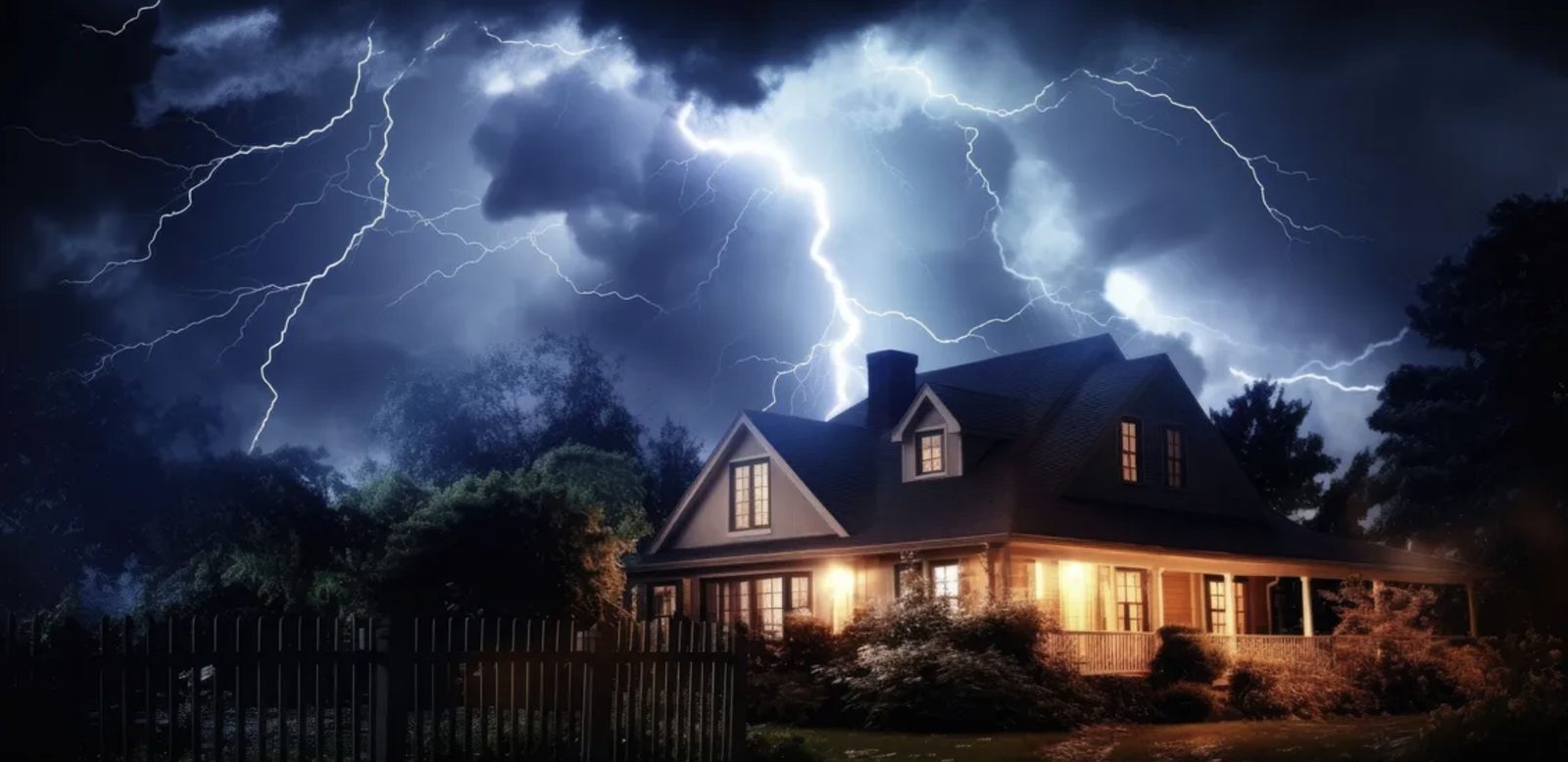 Lightning splitting a dark storm sky above a lamplit house at night